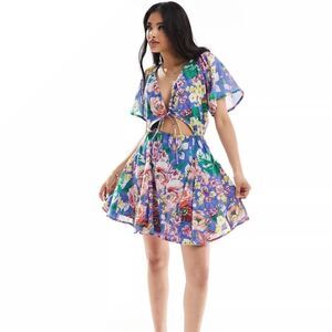 ASOS DESIGN Floral Cutout Tie-Front Mini Dress – Size US 2 (UK 6 | EU 34)